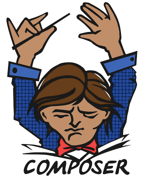 The Composer Official Logo: a male orchestra conductor with both arms in the air and his head tilted down, reading music sheets